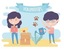 vrijwilligerswerk, help liefdadigheid jonge vrouw en man ecologische levensstijl donatie kleding en eten vector