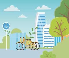 stedelijke ecologie parkeren fietsen vervoer gebouwen stad bomen natuurlijk vector
