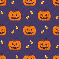 Halloween naadloos patroon. schattige pompoenen en snoep. vector illustratie