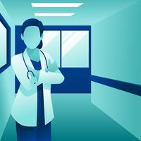 Vrouwelijke arts gezondheidszorg karakter op ziekenhuis vector