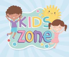 kids zone, happy little boy and girl sun cartoon vector
