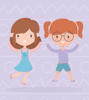 gelukkige kinderdag, twee kleine meisjes met handen omhoog om cartoon te vieren vector