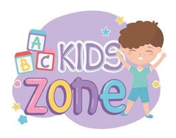 kinderzone, schattige kleine jongen alfabetblokken belettering vector