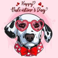 gelukkige valentijnsdag dalmatische hondenkop met een bril in de vorm van een hart en een rode vlinderdas vector