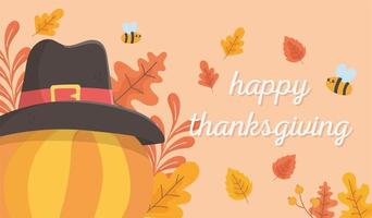 happy thanksgiving pompoen met hoed bijen bladeren feest vector