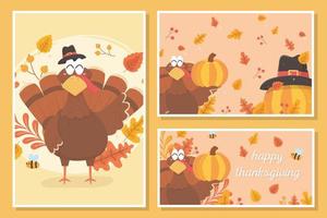 happy thanksgiving kalkoen met pelgrimshoed laat pompoenvieringskaarten vector