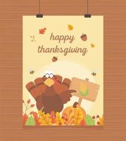 happy thanksgiving poster hangende kalkoen met pompoenbord maïs vector