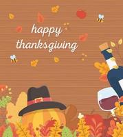 happy thanksgiving poster pompoen met hoed wijnfles en glas vector