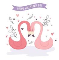 gelukkige Valentijnsdag schattige flamingo's bloemendecoratiekaart vector