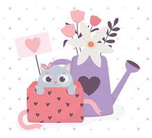 gelukkige Valentijnsdag schattige kat in geschenkdoos en gieter met bloemen liefdesharten vector