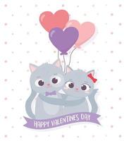 gelukkige Valentijnsdag schattig stel omarmde katten ballonnen in de vorm van harten liefde vector