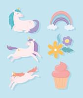 eenhoorns bloemen en cupcake vector