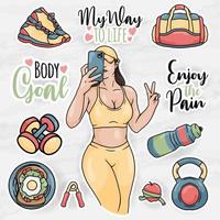 moderne vrouwen sticker clip art collecties set met meisje gym apparatuur vector