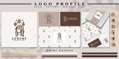 leuke vrouw hoofd logo branding met patroon en icon set vector