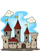 sprookjeslandschap met kasteel. fantasiepaleistoren, fantastisch sprookjeshuis of magische kastelenkoninkrijk vector