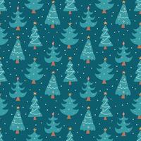 Kerstbomen met sneeuwvlokken op blauwe achtergrond, vector naadloos patroon in vlakke stijl