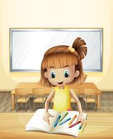 Een meisje in de klas met haar boeken en kleurpotloden vector