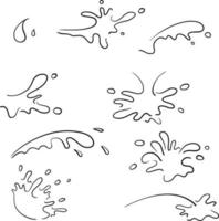 verzameling van spatwater met druppels, een scheutje vallend water met de hand getekende doodle cartoonstijl vector