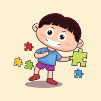 autisme bewustzijn illustratie, schattige jongen die puzzel speelt met een gelukkige glimlach vector