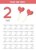 tracering nummer twee. voorschoolse werkblad met schattige roze ballonnen. vector