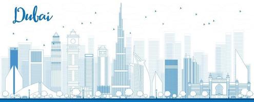 schets de skyline van Dubai met blauwe wolkenkrabbers vector