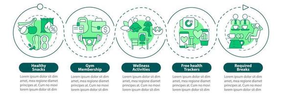 werknemerswelzijn voordelen infographic sjabloon. wellness activiteiten. datavisualisatie met 5 stappen. proces tijdlijn info grafiek. workflowlay-out met lijnpictogrammen. talloze pro-bold, reguliere lettertypen gebruikt vector