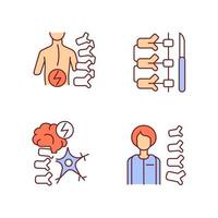 wervelkolom aandoeningen rgb kleur iconen set. scoliose. neuromusculaire handicap. orthopedisch arts en chirurg. geïsoleerde vectorillustraties. eenvoudige gevulde lijntekeningencollectie. bewerkbare streek vector