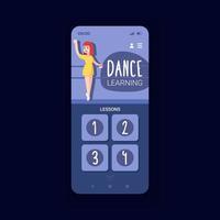 online danslessen smartphone interface vector sjabloon. pagina-ontwerplay-out voor mobiele apps. online fitnesslessen. verschillende dansroutine tutorials scherm. platte ui voor toepassing. telefoon display