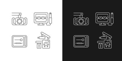 tandheelkundige apparaten lineaire pictogrammen instellen voor donkere en lichte modus. verlichting van de mondholte. intraorale camera. aanpasbare dunne lijn symbolen. geïsoleerde vectoroverzichtsillustraties. bewerkbare streek vector