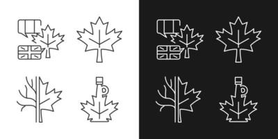 esdoornblad betekenis lineaire pictogrammen ingesteld voor donkere en lichte modus. nationaal embleem van Canada. esdoornblad symbool. aanpasbare dunne lijn symbolen. geïsoleerde vectoroverzichtsillustraties. bewerkbare streek vector