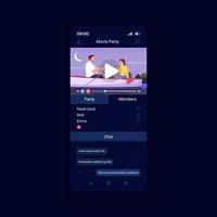 video streaming platform app smartphone interface vector sjabloon. pagina-ontwerplay-out voor mobiele apps. groep, feestfilms kijken naar servicescherm. platte ui voor toepassing. telefoon display