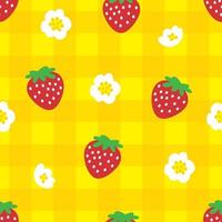 rode aardbei tekenfilms patroon ontwerp. zoete gele background.seamless plaid, gingang, schattige patroonmode, vers en sappig kleurrijk levendig aardbeifruit in de zomer. vectorontwerp voor mode. vector