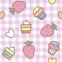 aardbei cupcake tekenfilms patroon. paarse Schotse achtergrond. het naadloze schattige patroon in een meisjes- of babymode, fris en sappig kleurrijk aardbeienfruit in de zomer. vectorontwerp voor mode. vector