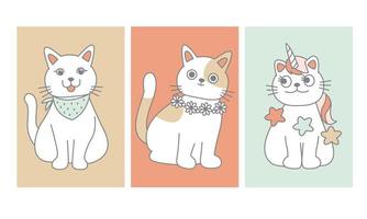 kat schattig tekenfilm karakter. witte katten op pastel achtergrond. kat is een eenhoorn. met een bloemenketting en een sjaal. ontwerp voor wenskaarten, decoraties, illustraties, t-shirt. vector