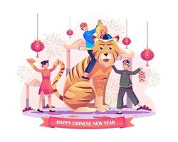 Aziatische kinderen vieren het Chinese Nieuwjaar met een jongen die op een tijger rijdt en speelt met vuurwerk, versieringen en hangende lantaarns. jaar van het sterrenbeeld tijger. platte vectorillustratie vector