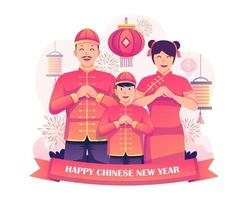 chinese familie in klederdrachtkostuum die salute-etiquette-vuist en palmgebaargroet doet om het nieuwe maanjaar te vieren. platte vectorillustratie vector