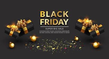 zwarte vrijdag super verkoop banner. realistische zwarte geschenkdozen. met glitter gouden confetti