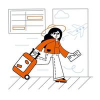 vrouw op de luchthaven. bagage en bagage. kaartje bij de hand. overzicht cartoon geïsoleerd op wit. vrouwelijk personage gaat op vakantie. vertrek en aankomst vector