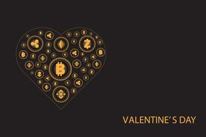 Valentijnsdag concept. gouden hart door glanzende cryptocurrency munt op zwarte achtergrond. vector
