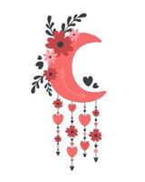 maan met bloemen, harten, takken, bladeren in boho-stijl. Valentijnsdag, liefde, romantisch vector