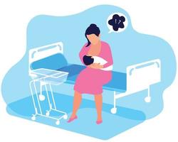 een vrouw met een pasgeboren baby in haar armen alleen op een ziekenhuisafdeling die bij een baby verblijft. de eerste dagen zijn de kraamperiode. veel angstproblemen, ondersteunen borstvoeding en de geestelijke gezondheid van moeders. vector