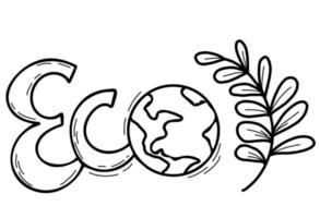 ecologie. woord is eco met teken van planeet aarde en met tak en bladeren. vectorillustratie. lineair, met de hand getekend, doodle vector