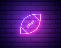 Amerikaans voetbal, rugbybal, sportlogo. roze neonstijl op bakstenen muurachtergrond. licht lineair pictogram met bewerkbare lijn vector