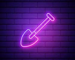 bouw schop neon icoon. vectorillustratie voor ontwerp. reparatie tool gloeiende teken. bouw tools concept geïsoleerd op bakstenen muur. vector