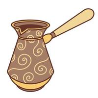 turk gekleurde vector pictogram. hand getekende illustratie geïsoleerd op een witte achtergrond. metalen pot met houten handvat voor het zetten van koffie - americano, espresso, latte. keukengereedschap, platte cartoonstijl