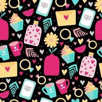 schattige naadloze patronen met hartjes, bloemen, telefoon, ringen, liefdesbrieven. donkere achtergrond voor Valentijnsdag of bruiloft. ontwerp voor textiel, inpakpapier, uitnodigingen en kaarten. leuke cartoonstijl vector