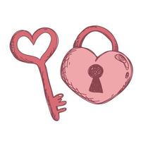 leuke sleutel en slot. hartvormig hangslot met grappige toetsen op een witte achtergrond. sticker, pictogram, ontwerpelement met Valentijnsdag. vector