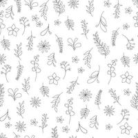 bloemen en bladeren naadloos patroon. hand getekende lineaire en silhouet bloemen, takken, bladeren texturen. leuke bloempatronen. elegante sjabloon. natuur naadloze patronen. eenvoudige universele achtergrond. vector