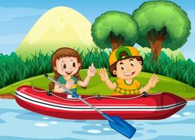 natuurlandschap met kinderen in opblaasbare boot vector