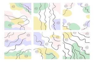 set van abstracte vierkante achtergrond in pastelkleuren met gebogen lijnen. moderne geometrische memphis textuur. voorraad vectorillustratie in minimalistische eenvoudige doodle stijl vector